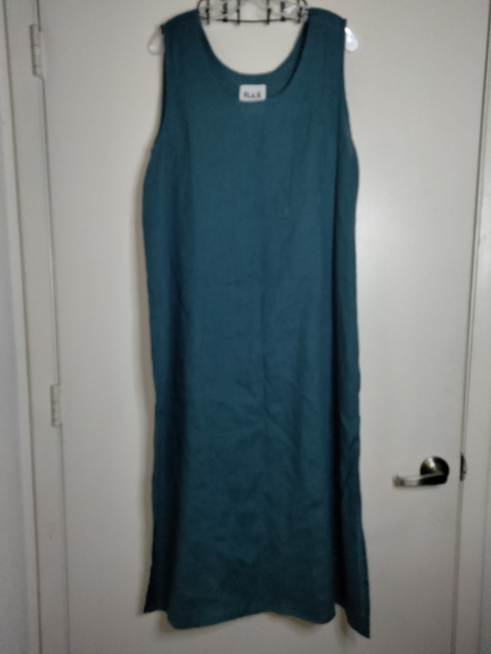 Flax -L- Dark Teal Scoop Neck Sleeveless 100% Linen Minimalist Maxi Tunic Dress